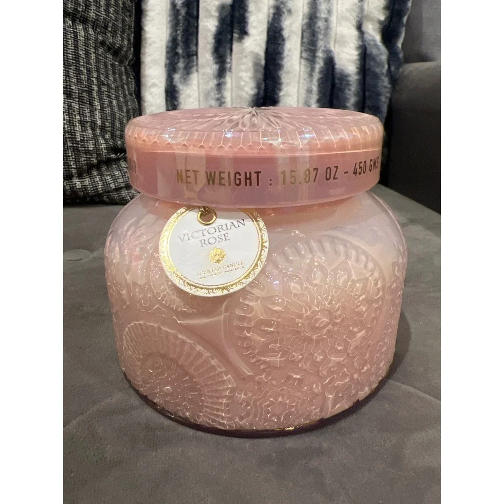 Victorian Rose Scented Candle Iridescent Pink Glass
